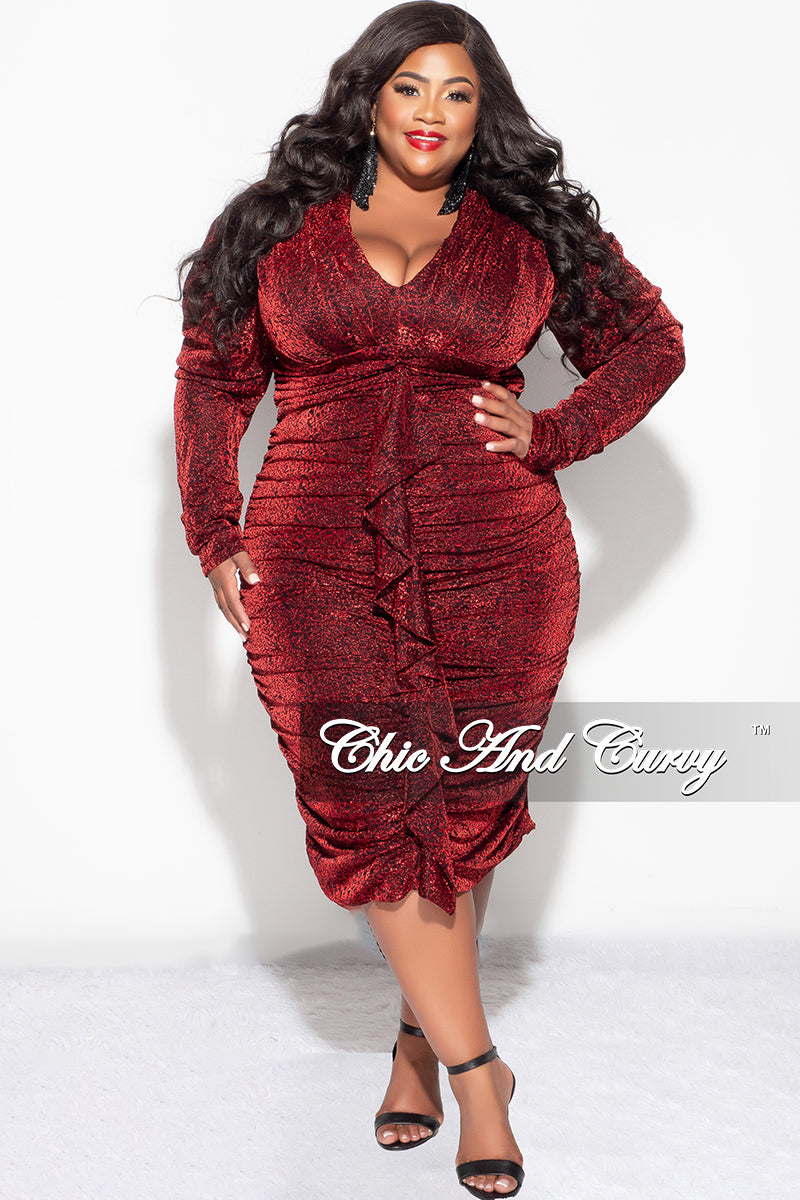 Final Sale Plus Size Shimmer Bodycon Dress with Ruched Center & Ruffle in Red and Black