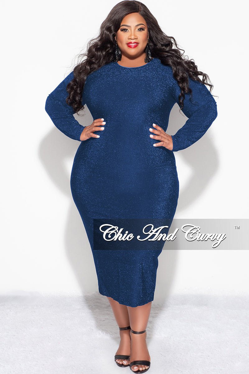 Final Sale Plus Size Midi Bodycon Dress in Blue & Black Glitter Fabric