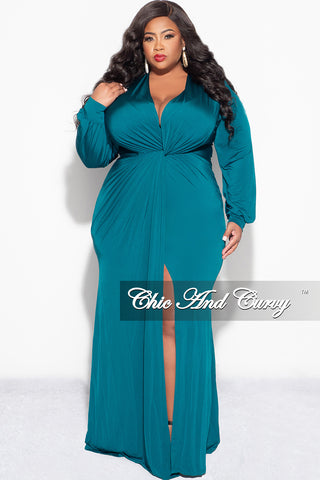 Final Sale Plus Size V-Neck Gown with Twist Front Waist in Emerald / Teal Green