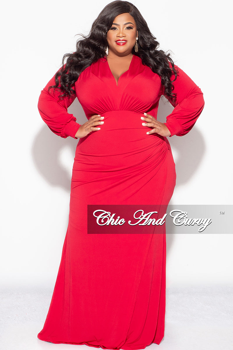 Final Sale Plus Size V-Neck Gown with Ruched Overlay in Red Chic And Curvy Final Sale Plus Size V-Neck Gown with Ruched Overlay in Red Chic And Curvy