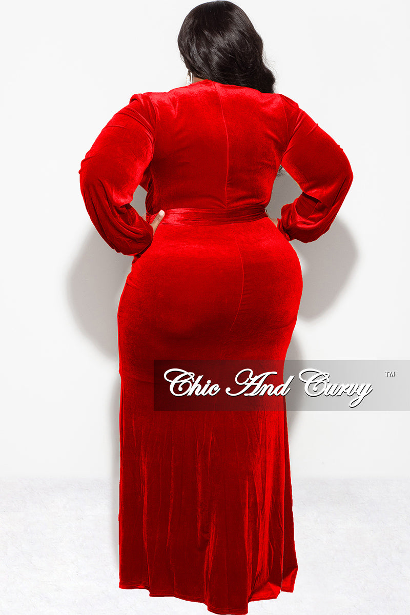 Final Sale Plus Size Faux Wrap Gown with Tie Belt in Red Velvet