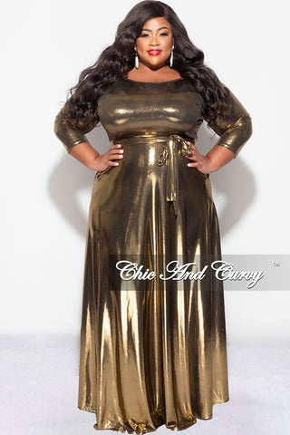 Final Sale Plus Size Gown with 3/4 Sleeves and Tie in Metallic  Gold