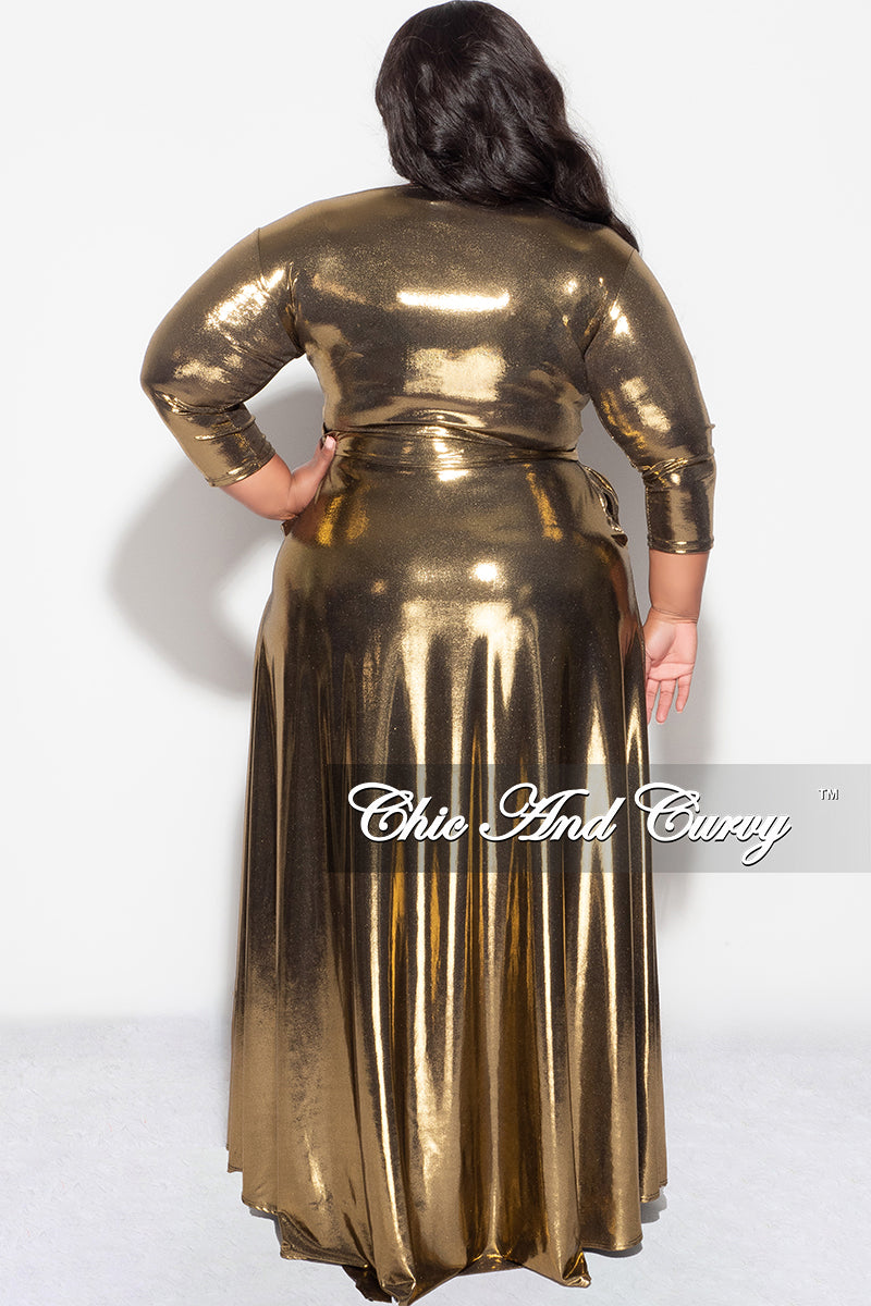 Final Sale Plus Size Gown with 3/4 Sleeves and Tie in Metallic  Gold