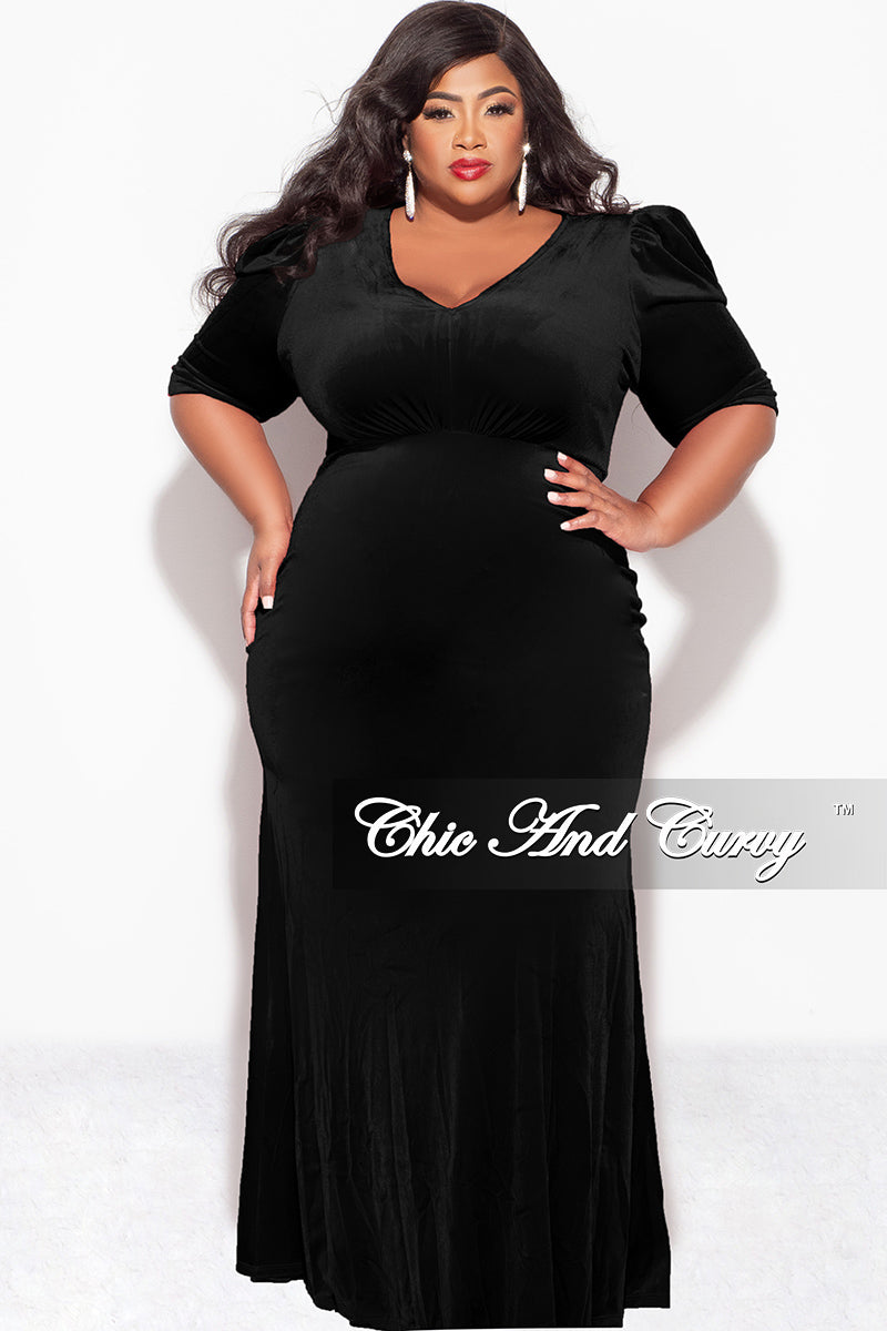 Final Sale Plus Size V-Neck Gown with Puffed Sleeves in Black Velvet