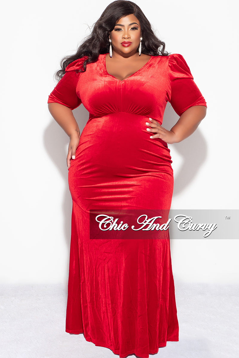Final Sale Plus Size V-Neck Gown with Puffed Sleeves in Red Velvet