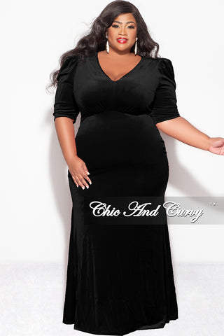 Final Sale Plus Size V-Neck Gown with Puffed Sleeves in Black Velvet