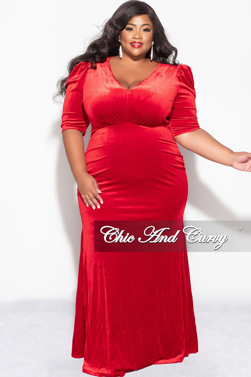 Final Sale Plus Size V-Neck Gown with Puffed Sleeves in Red Velvet