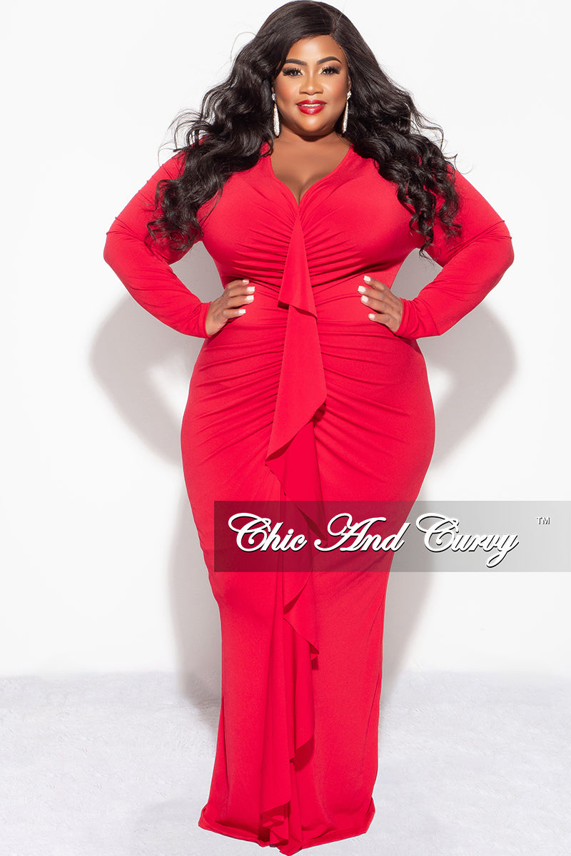 Final Sale Plus Size V-Neck Gown with Ruched Center & Ruffle in Red
