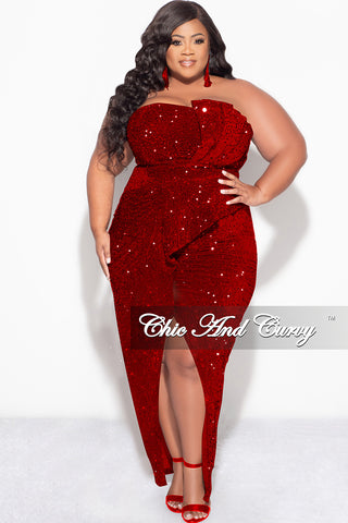 Final Sale Plus Size Strapless Pleated Ruffle Sequin Gown with Front Slit in Red