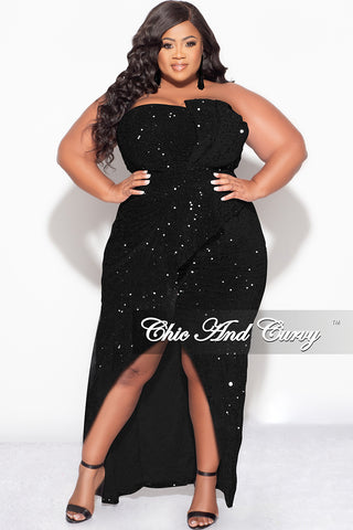 Final Sale Plus Size Strapless Pleated Ruffle Sequin Gown with Front Slit in Black
