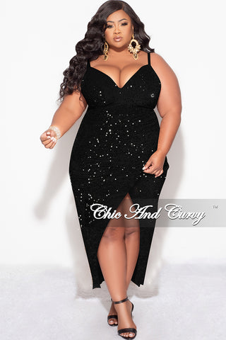 Final Sale Plus Size Sleeveless Velvet Sequin Dress with Side Slit in Black