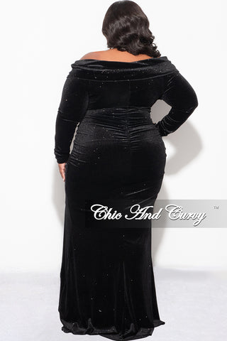 Final Sale Plus Size Glitter Off the Shoulder Velvet Gown with Slide Slit in Black