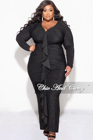 Final Sale Plus Size V-Neck Gown with Ruched Center & Ruffle in Black Glitter Lurex Fabric