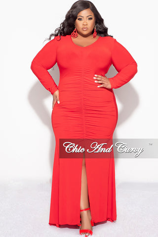 Final Sale Plus Size V-Neck Gown with Center Ruching and Slit in Red