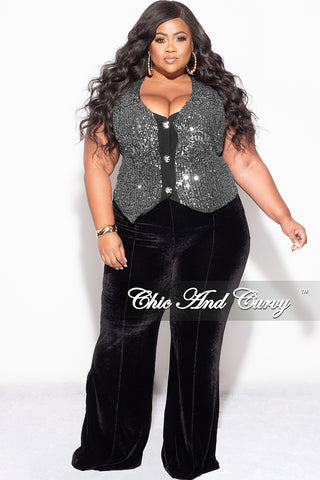 Final Sale Plus Size Sequin Sleeveless Button Up Crop Vest in Silver and Black