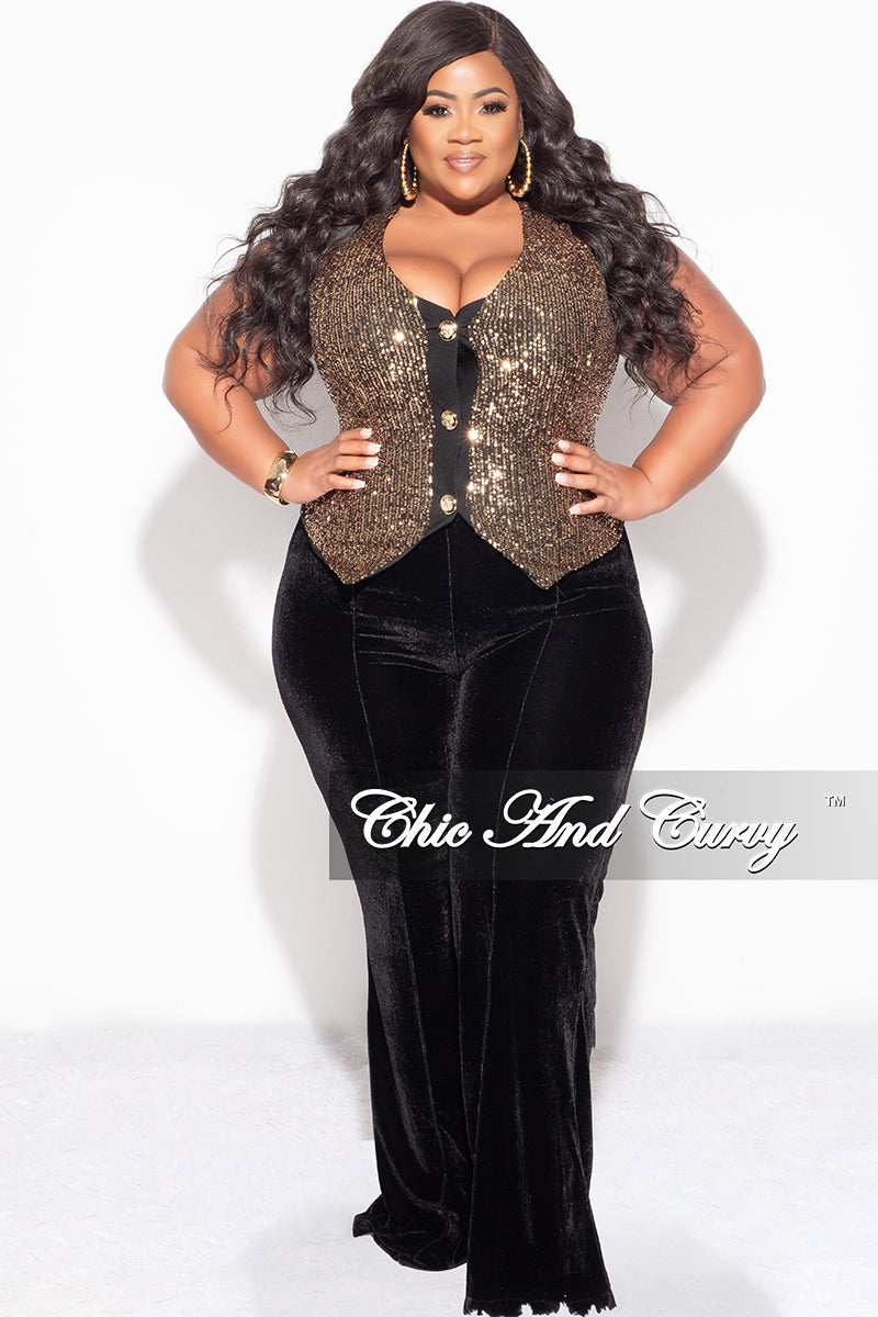 Final Sale Plus Size Sequin Sleeveless Button Up Crop Vest in Gold and Black