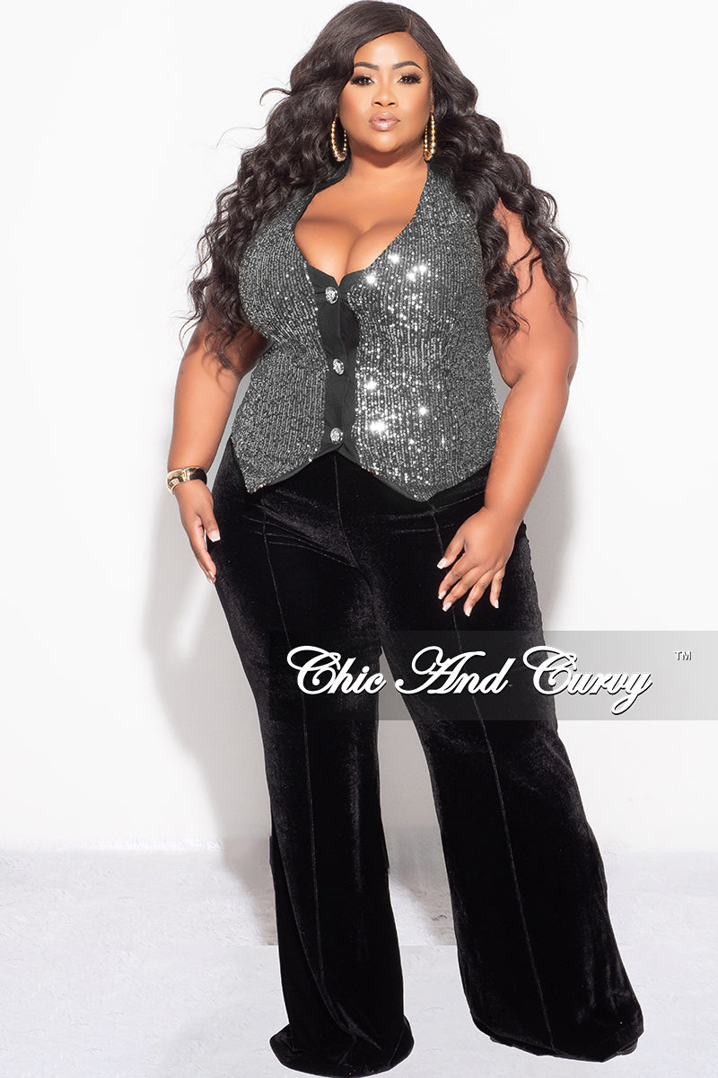 Final Sale Plus Size Sequin Sleeveless Button Up Crop Vest in Silver and Black