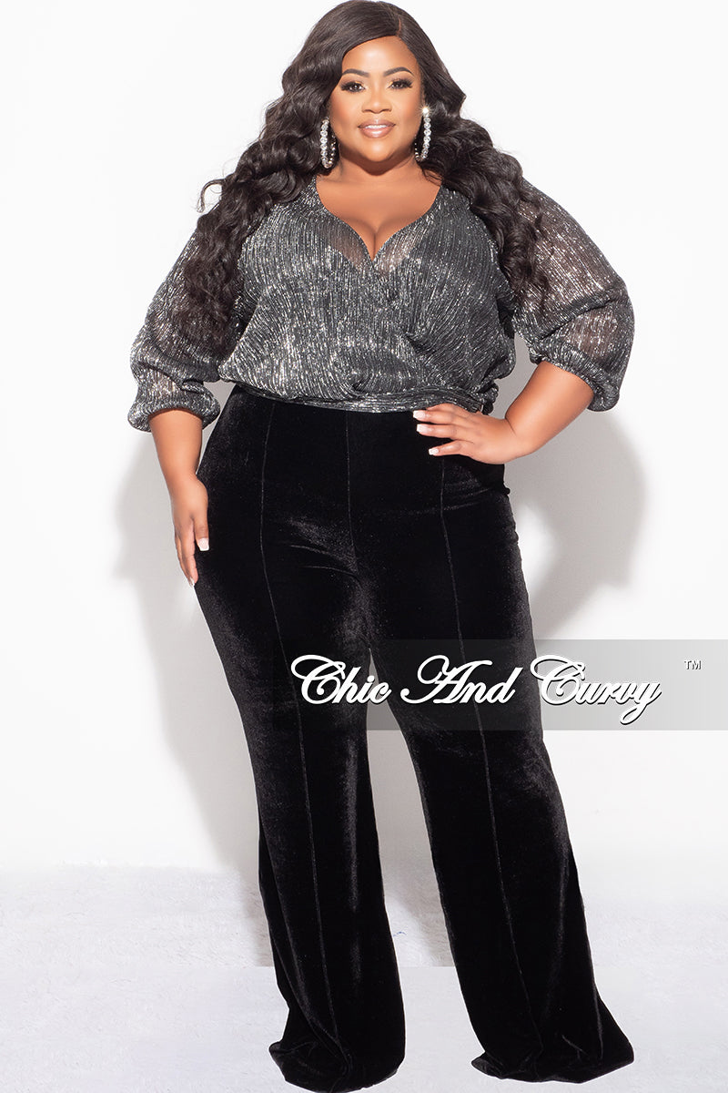 Final Sale Plus Size Pleated Chiffon Faux Wrap Blouse in Black and Silver