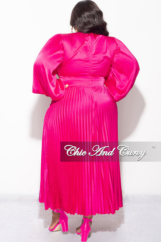 Final Sale Plus Size Satin Pleated Dress in Magenta
