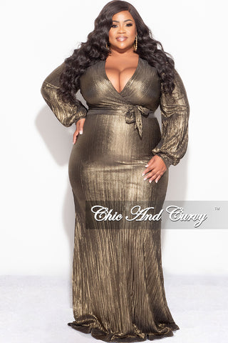 Final Sale Plus Size 2pc Pleated Faux Wrap Tie Top and Skirt Set in Gold and Black