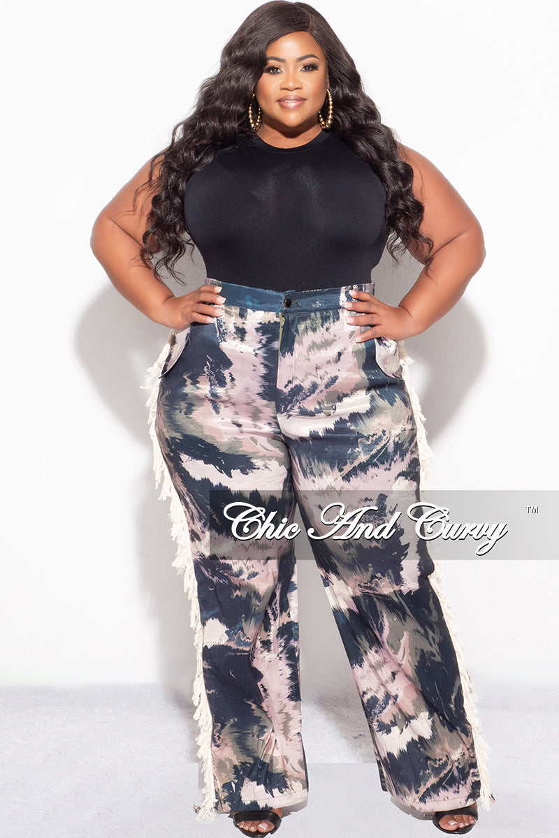 Final Sale Plus Size Pants with Beige Fringes On The Side in Black & Beige - Grunge Paint G113