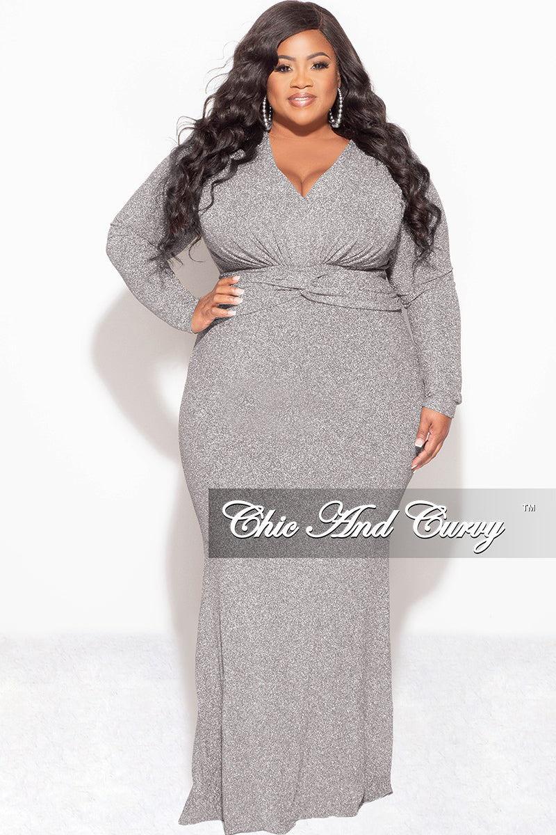 Final Sale Plus Size V-Neck Gown with Twisted Waist Band in Silver Foil Fabric