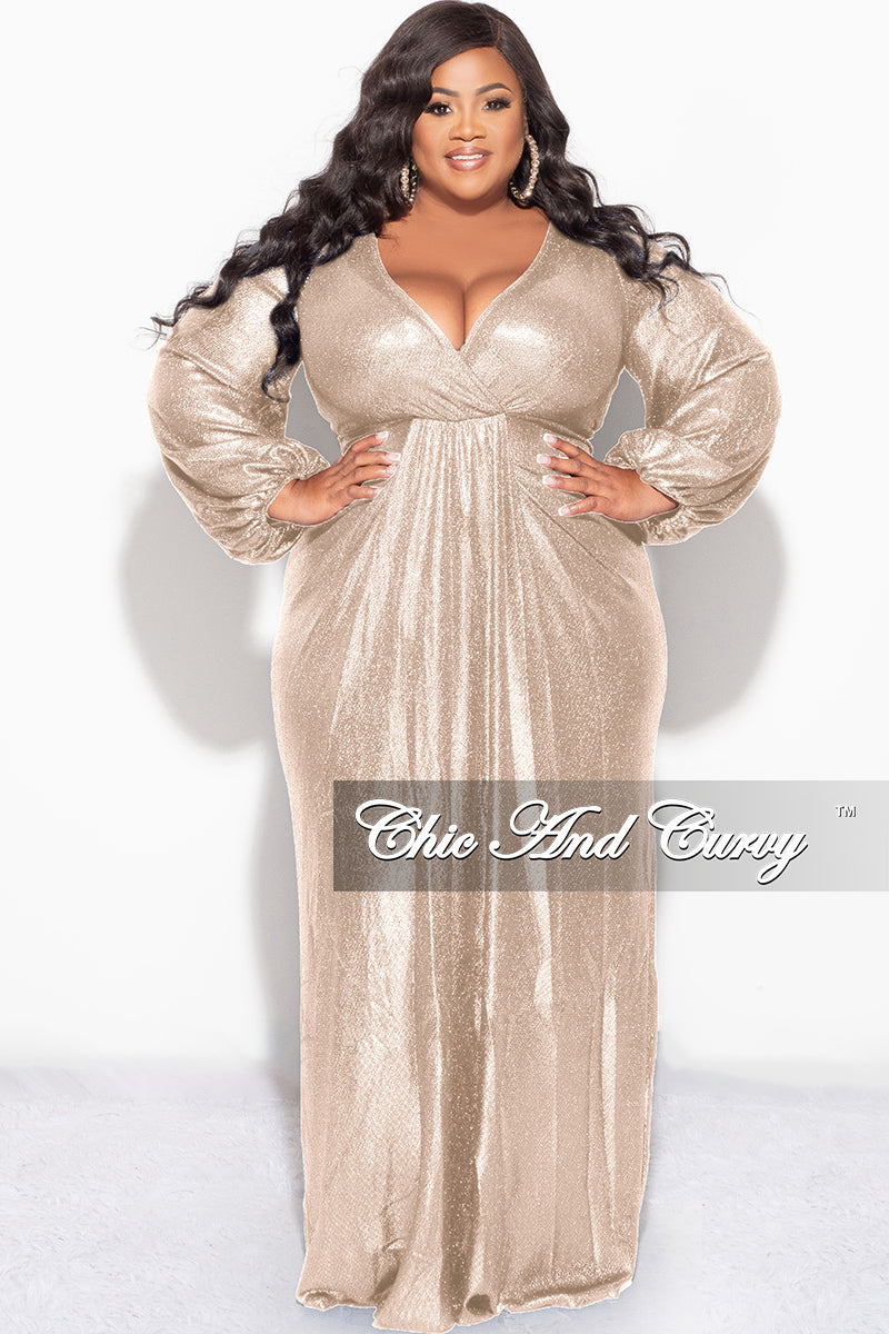 Final Sale Plus Size Faux Wrap Gown with Pleated Waist & Balloon Sleev Chic And Curvy Final Sale Plus Size Faux Wrap Gown with Pleated Waist & Balloon Sleev Chic And Curvy