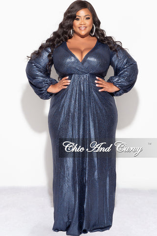 Final Sale Plus Size Faux Wrap Gown with Pleated Waist & Balloon Sleeves in Midnight Blue Metallic Lux Fabric