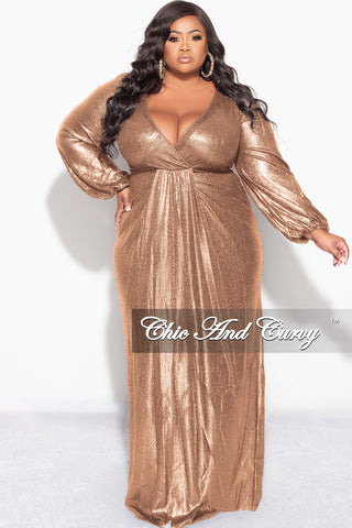 Final Sale Plus Size Faux Wrap Gown with Pleated Waist & Balloon Sleeves in Bronze Metallic Lux Fabric