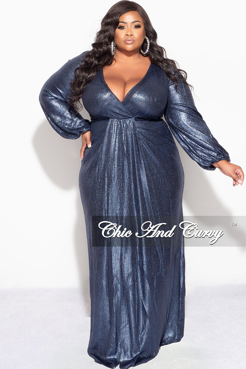 Final Sale Plus Size Faux Wrap Gown with Pleated Waist & Balloon Sleeves in Midnight Blue Metallic Lux Fabric