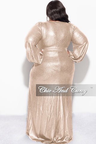 Final Sale Plus Size Faux Wrap Gown with Pleated Waist & Balloon Sleeves in Gold Metallic Lux Fabric