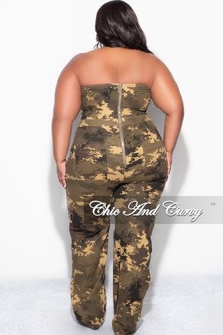 Final Sale Plus Size Strapless Deep V Jumpsuit with Ripped Knees In Camouflage Print