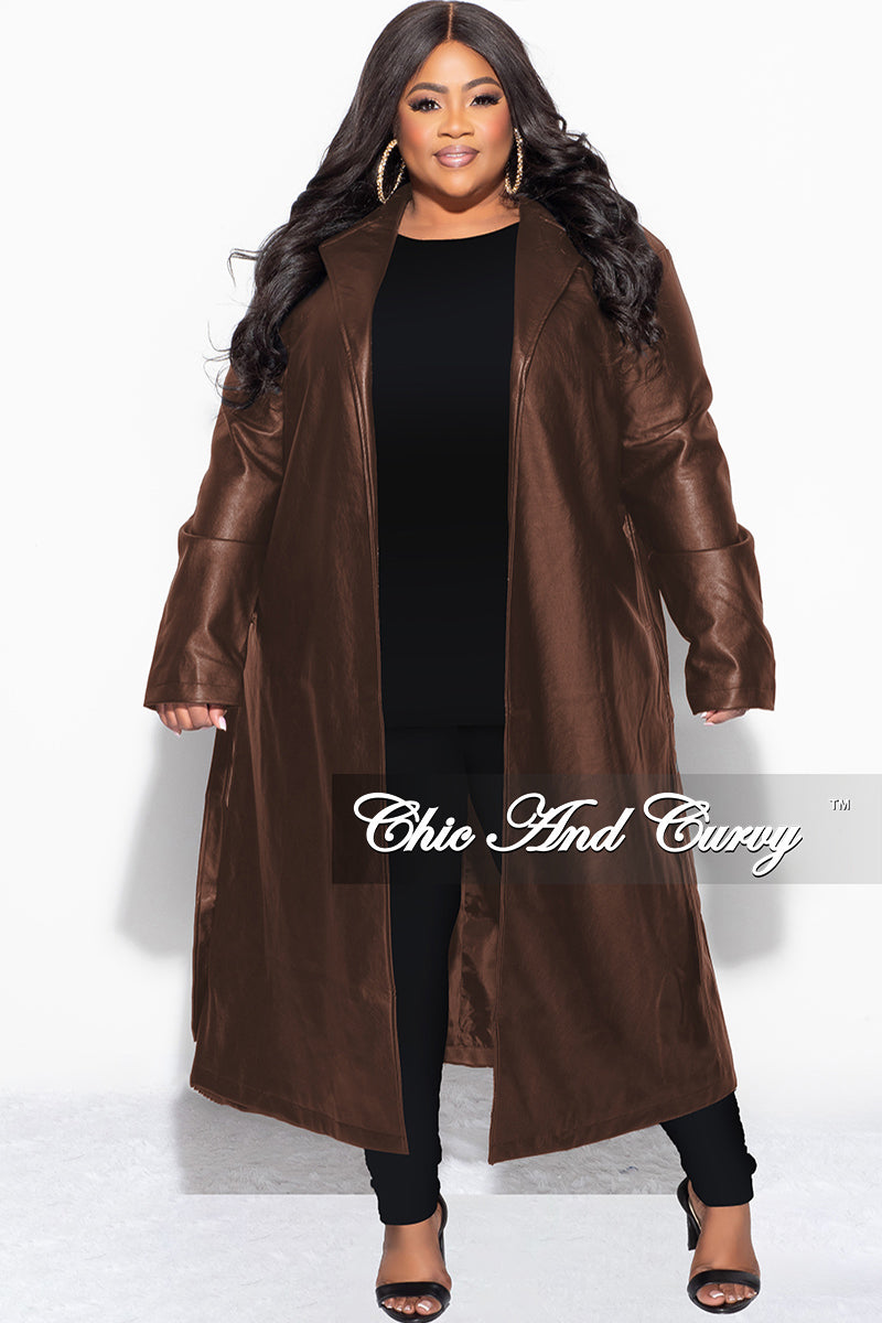 Final Sale Plus Size Vegan Leather Trench Coat with Tie in  Brown