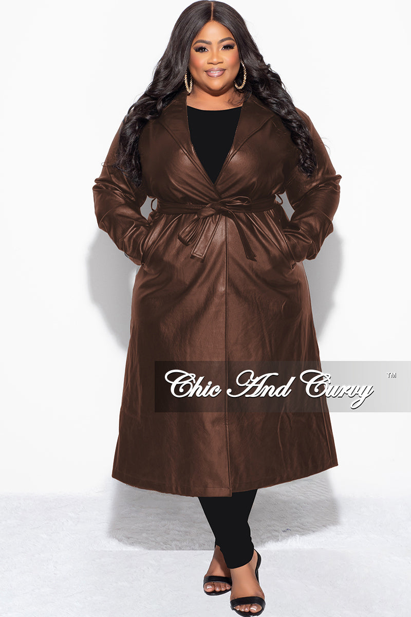 Final Sale Plus Size Vegan Leather Trench Coat with Tie in Brown