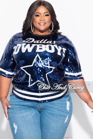 Final Sale Plus Size Sequin Dallas Cowboys Jersey Top in Navy and White