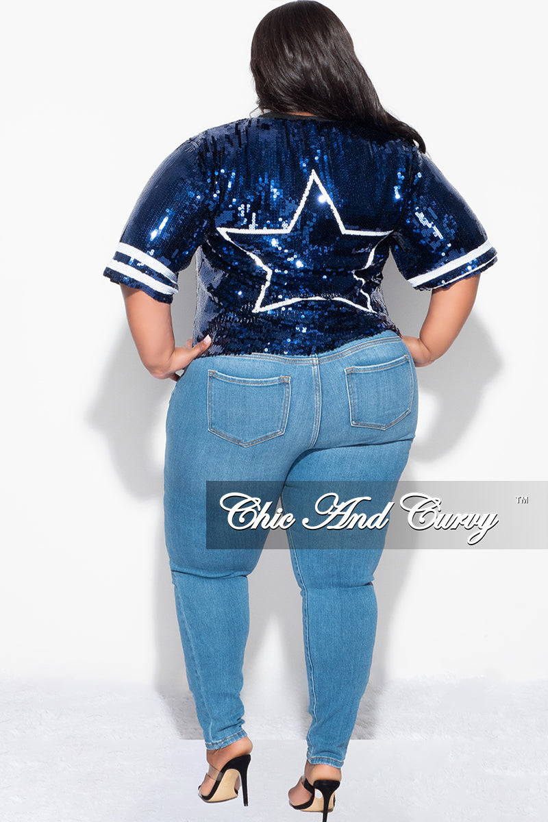 Final Sale Plus Size Sequin Dallas Cowboys Jersey Top in Navy and White