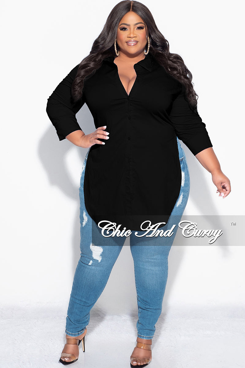 Final Sale Size Long Sleeve High-Low Button Up Collar Top in Black