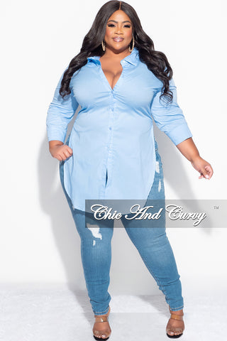 Final Sale Size Long Sleeve High-Low Button Up Collar Top in Powder Blue