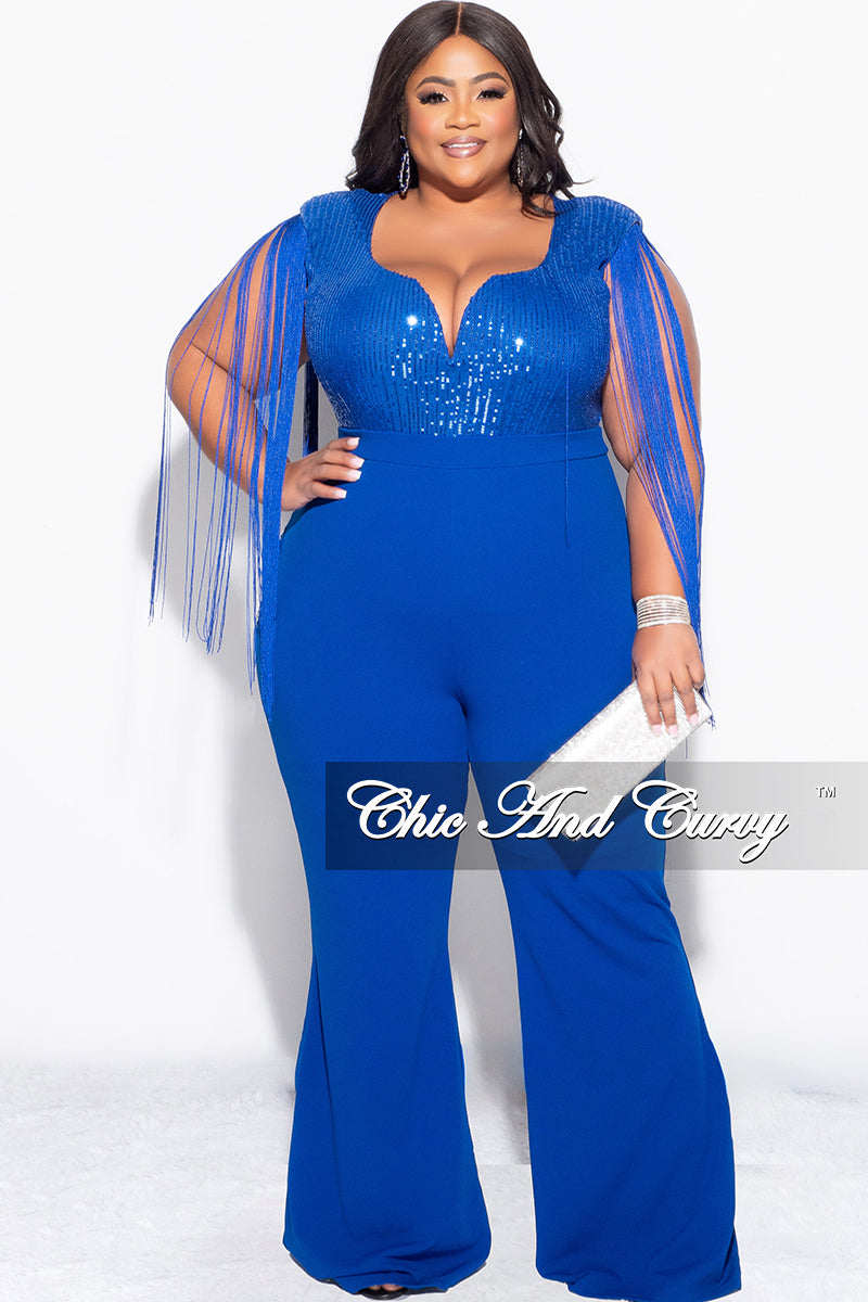 Final Sale Plus Size Fringe Shoulder Faux Wrap Sequin Jumpsuit Royal Blue
