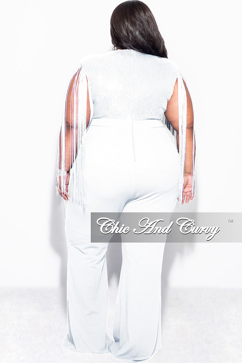 Final Sale Plus Size Fringe Shoulder Faux Wrap Sequin Jumpsuit Ivory