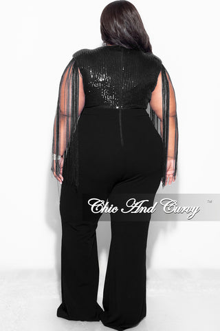 Final Sale Plus Size Fringe Shoulder Faux Wrap Sequin Jumpsuit Black