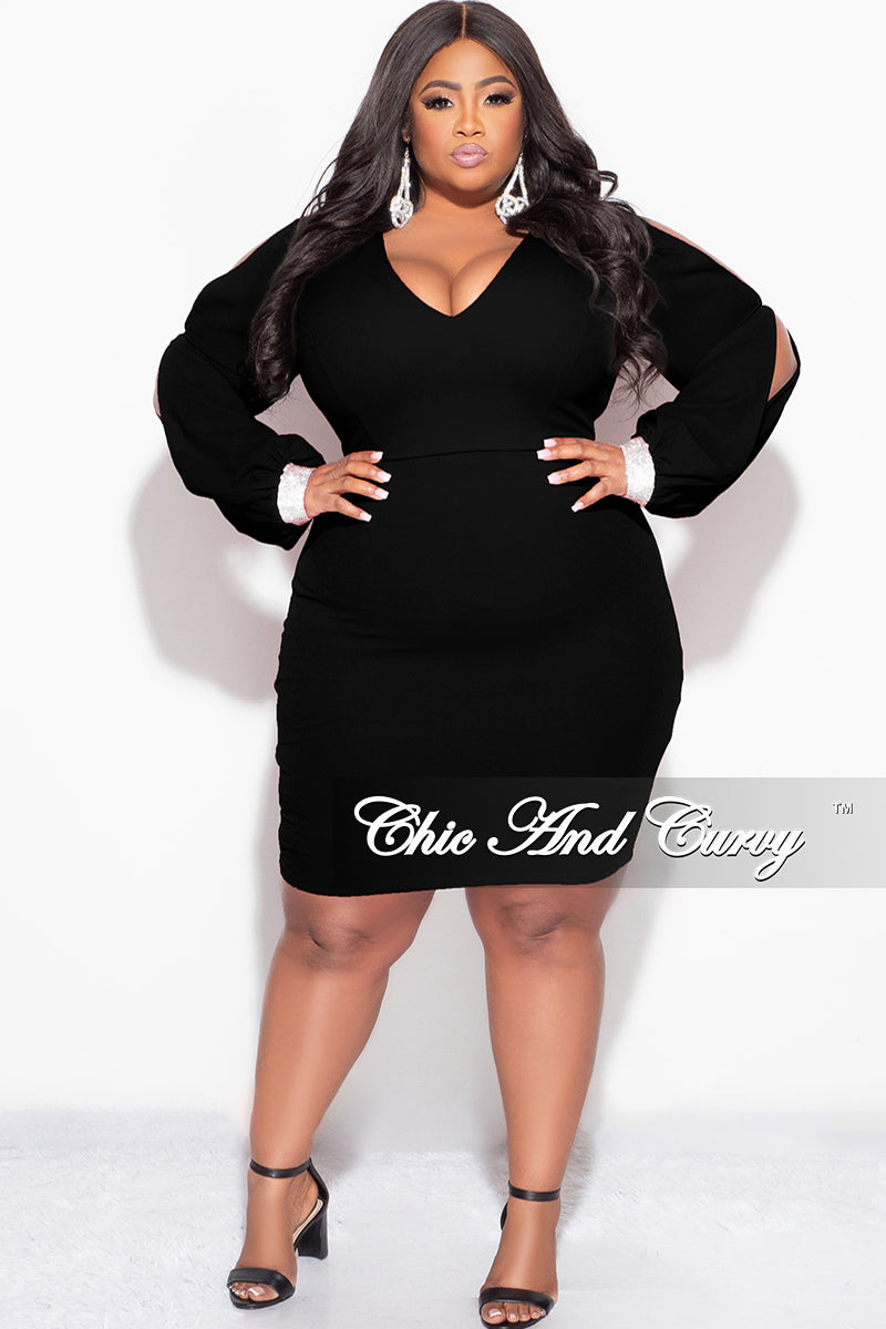 Final Sale Plus Size BodyCon Dress with Slit Sleeves and Rhinestone Cuff in Black