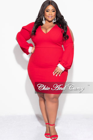 Final Sale Plus Size BodyCon Dress with Slit Sleeves and Rhinestone Cuff in Red