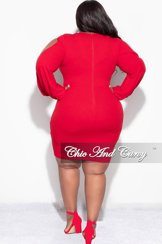 Final Sale Plus Size BodyCon Dress with Slit Sleeves and Rhinestone Cuff in Red
