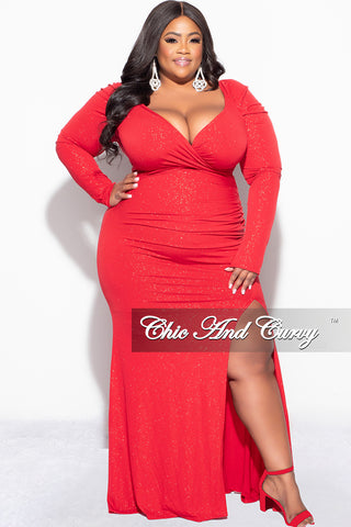 Final Sale Plus Size Glitter Off the Shoulder Gown with Ruched Slide and Slit in Red