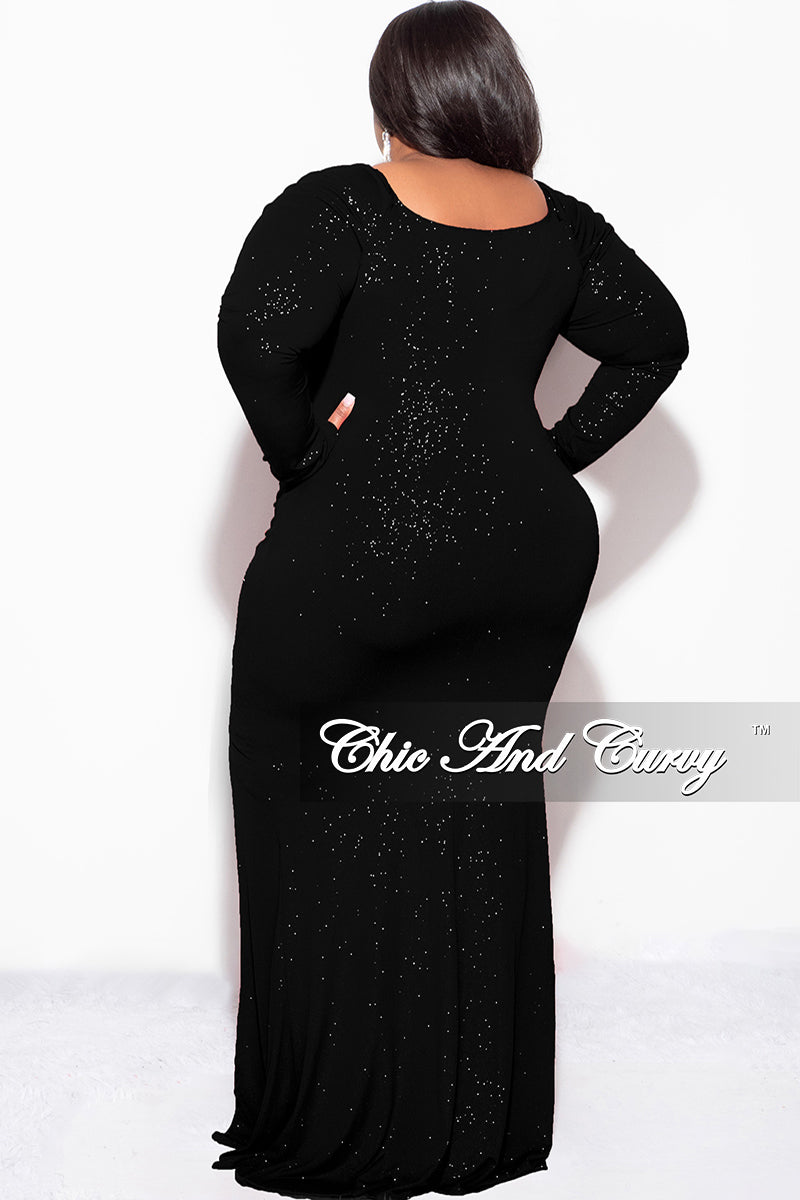 Final Sale Plus Size Glitter Off the Shoulder Gown with Ruched Slide and Slit in Black