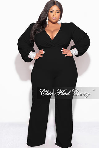Final Sale Plus Size Faux Wrap Collar Jumpsuit with Sheer Sleeves and Rhinestone Cuffs in Black
