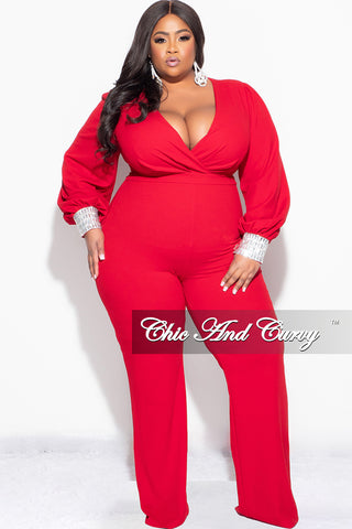 Final Sale Plus Size Faux Wrap Collar Jumpsuit with Sheer Sleeves and Rhinestone Cuffs in Red