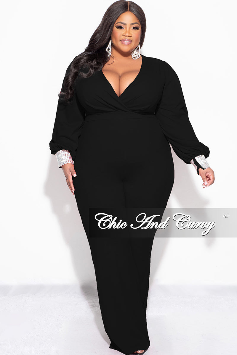 Final Sale Plus Size Faux Wrap Collar Jumpsuit with Sheer Sleeves and Rhinestone Cuffs in Black