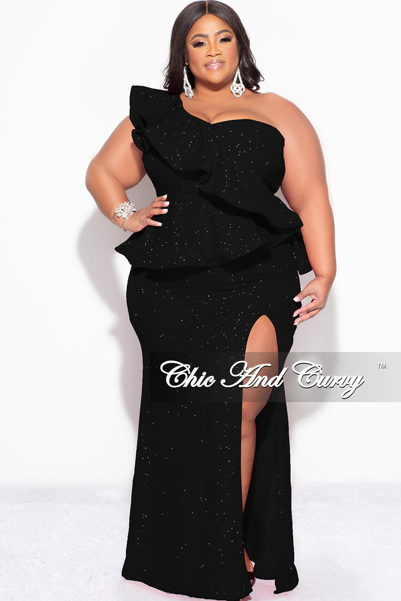 Final Sale Plus Size One Shoulder Layered Ruffle Gown in Black Glitter